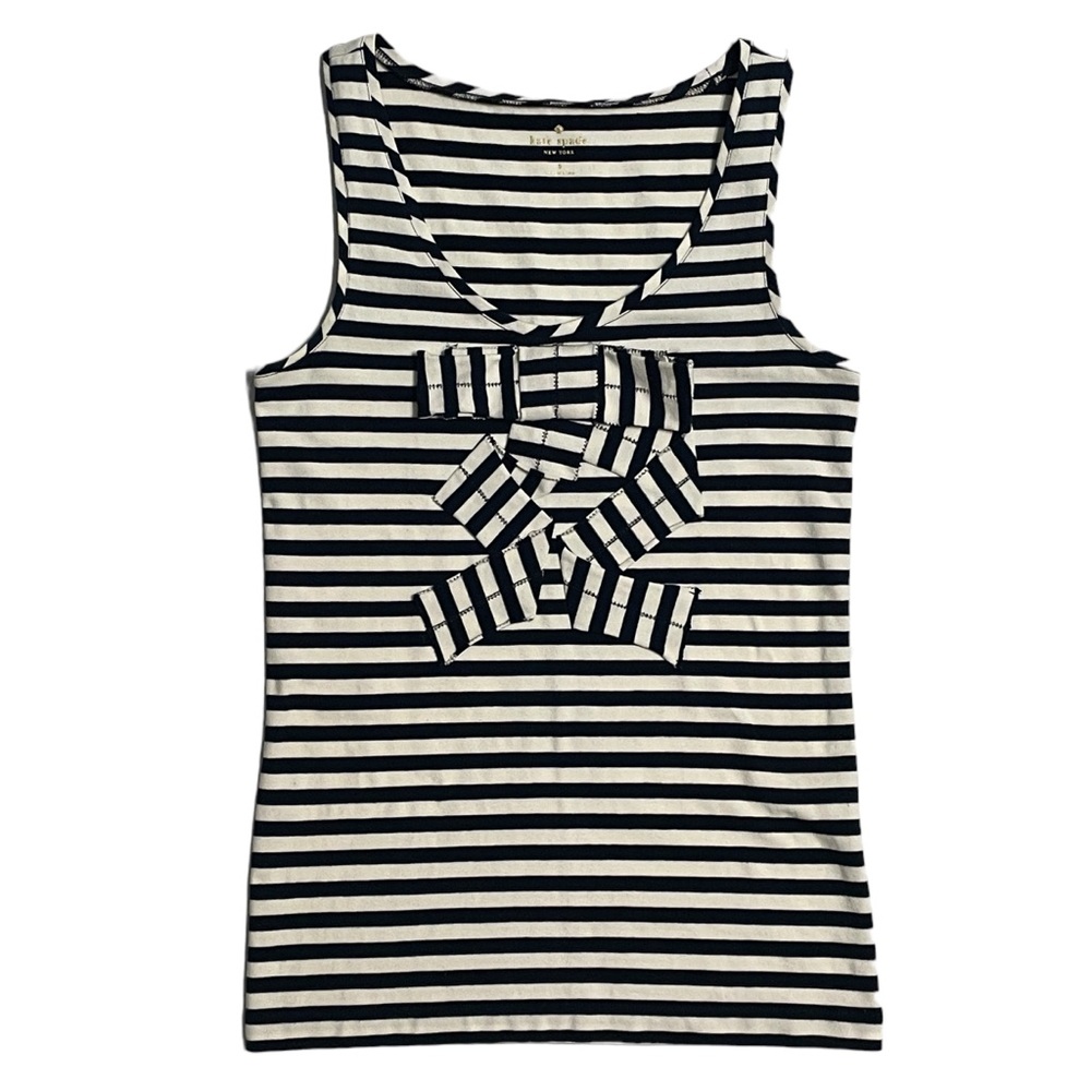 Kate Spade Breton Striped tank, ribbon bow appliqué, size small. Navy blue white